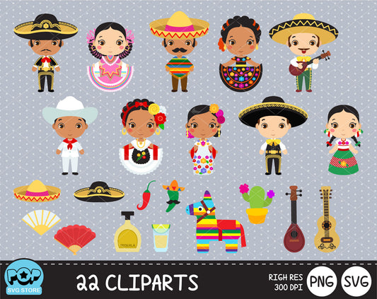 Cute Mexicans clipart set, Digital clip art for decoration, scrapbooking, PNG, SVG, instant download