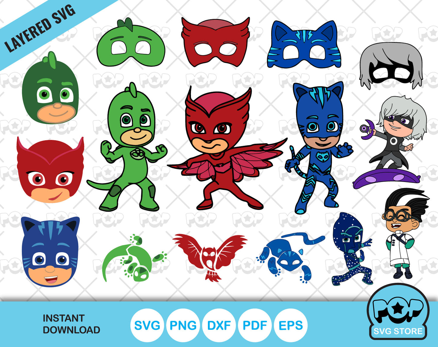 PJ Masks clipart set, PJ Masks SVG cut files for Cricut / Silhouette, PNG, DXF, instant download