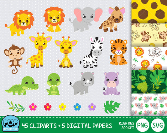 Cute Safari Animals clipart set, Digital clip art for decoration, scrapbooking, PNG, SVG, instant download