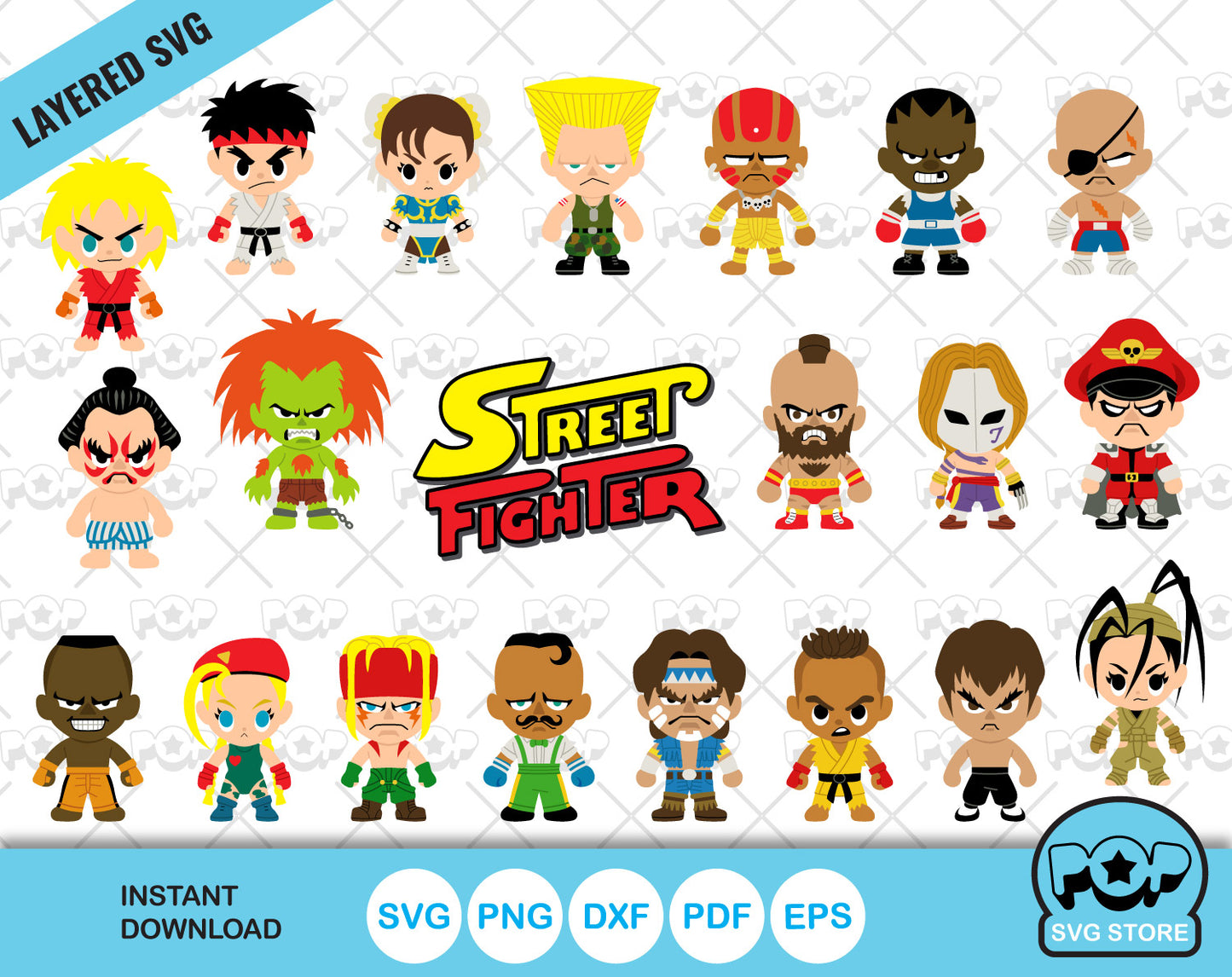 Chibi Street Fighter clipart bundle, SVG cut files for Cricut Silhouette, PNG, DXF, instant download