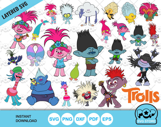 Trolls 45 cliparts bundle, Trolls SVG cut files for Cricut Silhouette, SVG PNG DXF, instant download
