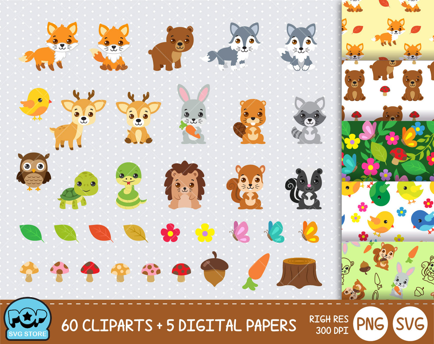 Woodland Animals clipart set, Digital clip art for decoration, scrapbooking, PNG, SVG, instant download