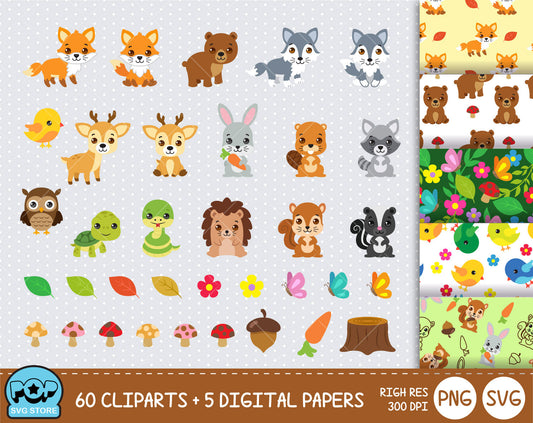 Woodland Animals clipart set, Digital clip art for decoration, scrapbooking, PNG, SVG, instant download
