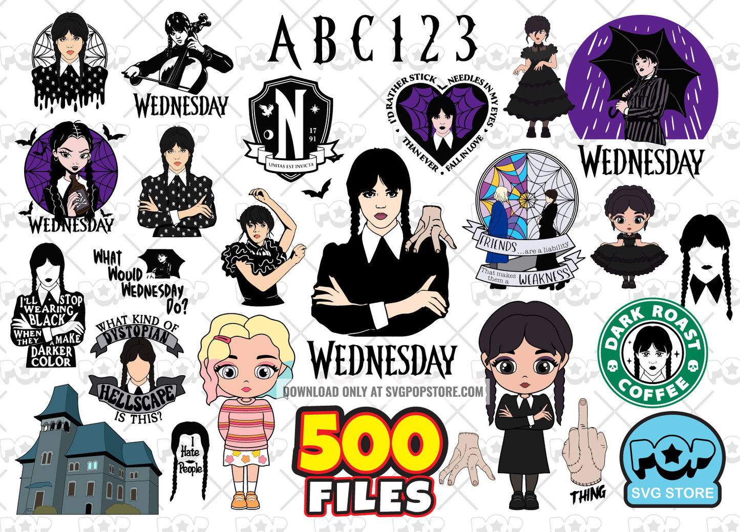 Wednesday Addams Big Bundle 500 clipart files + alphabet, svg cut files for Cricut / Silhouette, Wednesday PNG files  N1