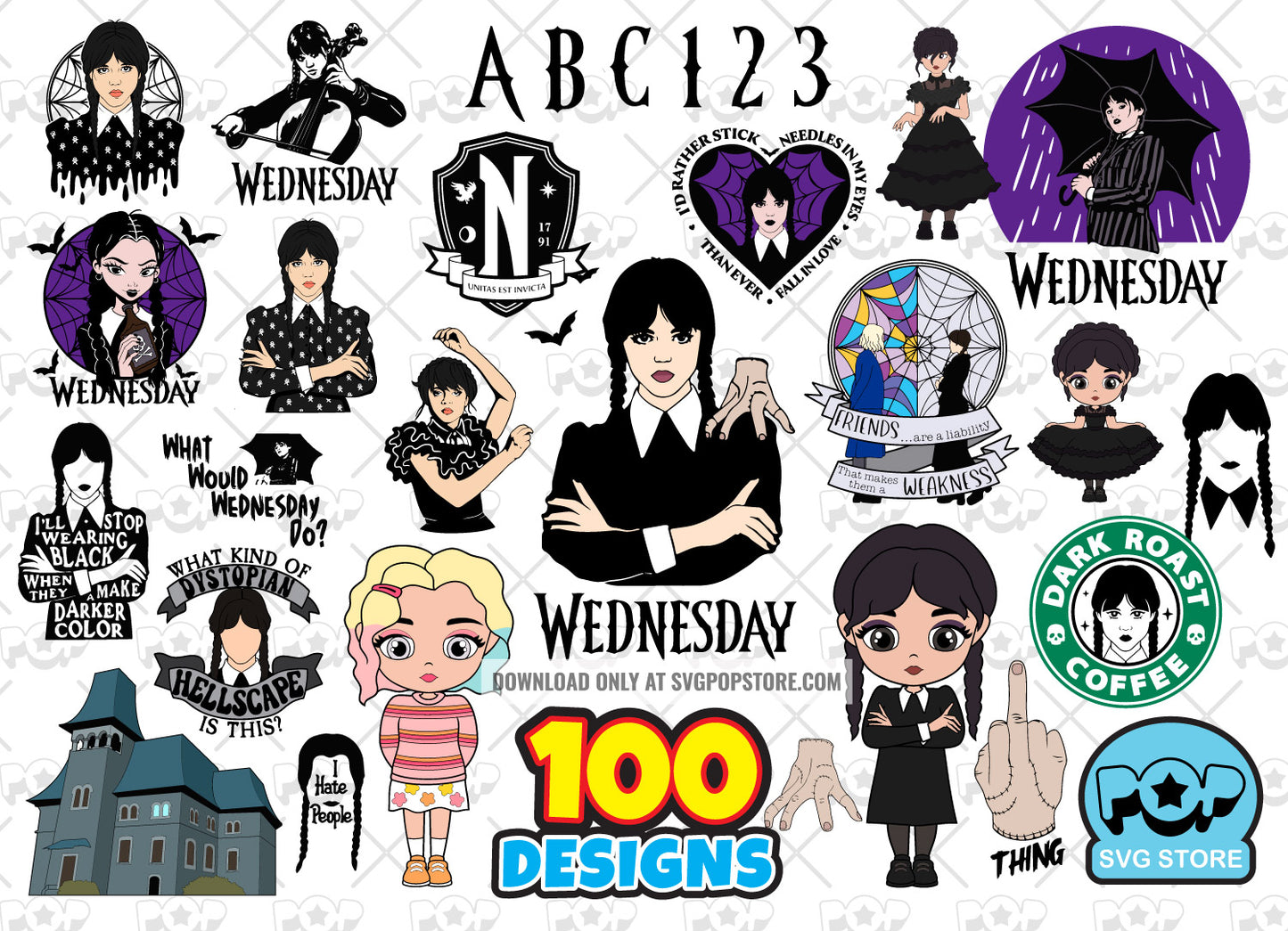 Wednesday Addams 100 cliparts set + alphabet, Wednesday svg cut files for Cricut / Silhouette, Wednesday PNG  N1
