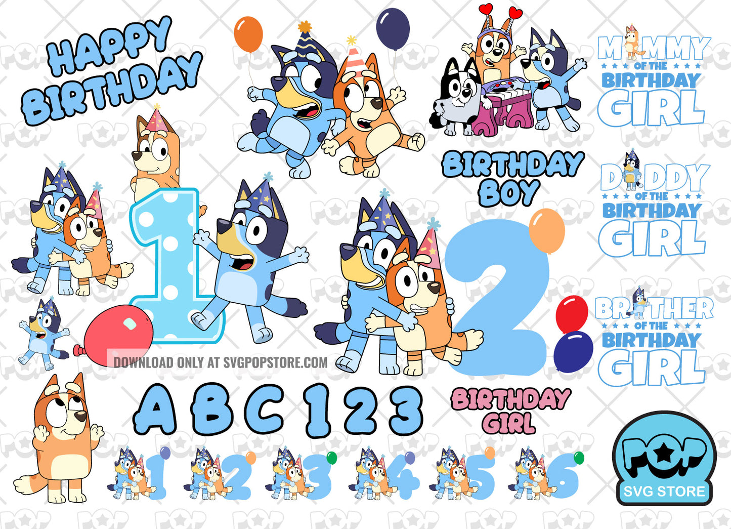 Bluey Birthday clipart set + alphabet, Bluey SVG cut files for Cricut / Silhouette, PNG  N1