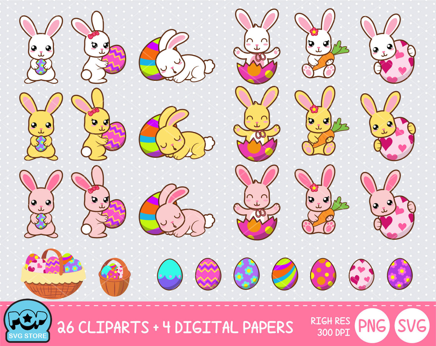 Cute Easter Bunny clipart set, Digital clip art for decoration, scrapbooking, PNG, SVG, instant download