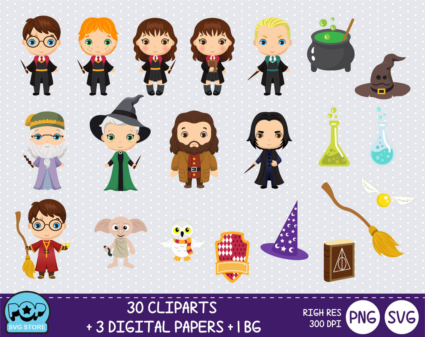 Cute Harry Potter clipart set, Digital clip art for decoration, scrapbooking, PNG, SVG, instant download