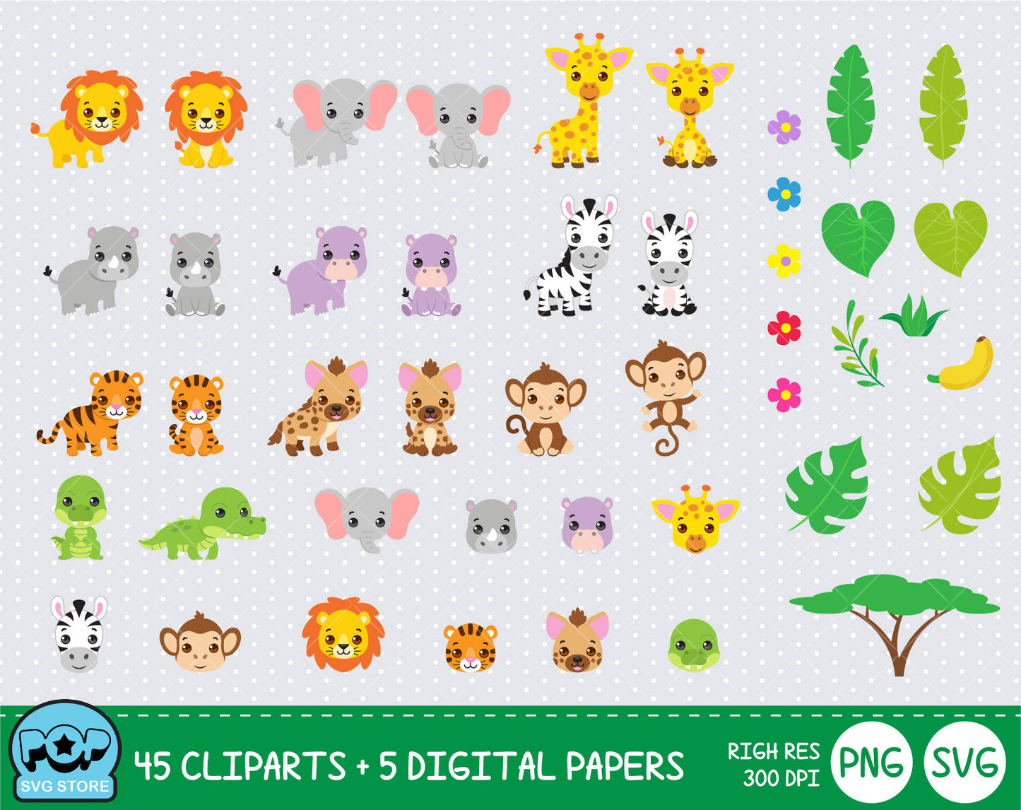 Cute Safari Animals clipart set, Digital clip art for decoration, scrapbooking, PNG, SVG, instant download