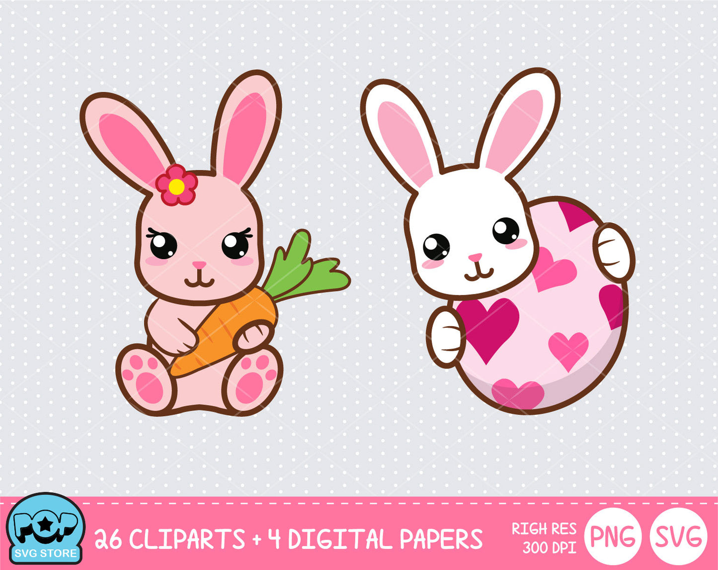 Cute Easter Bunny clipart set, Digital clip art for decoration, scrapbooking, PNG, SVG, instant download