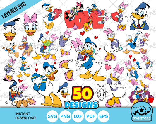 Donald and Daisy Duck Valentine's Day clipart bundle, Valentines Day SVG cut files for Cricut / Silhouette, PNG, DXF, instant download
