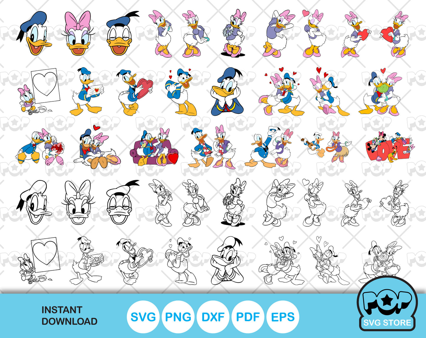 Donald and Daisy Duck Valentine's Day clipart bundle, Valentines Day SVG cut files for Cricut / Silhouette, PNG, DXF, instant download