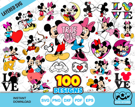Mickey and Minnie Valentine's Day 100 cliparts bundle, SVG cut files for Cricut / Silhouette, instant download
