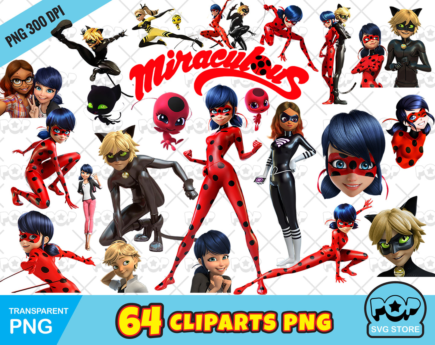 Miraculous Ladybug clipart bundle, transparent PNG, designs for decoration / sublimation, instant download