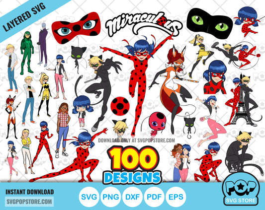 Miraculous Ladybug 100 cliparts bundle, Miraculous SVG cut files for Cricut / Silhouette, Ladybug PNG N1