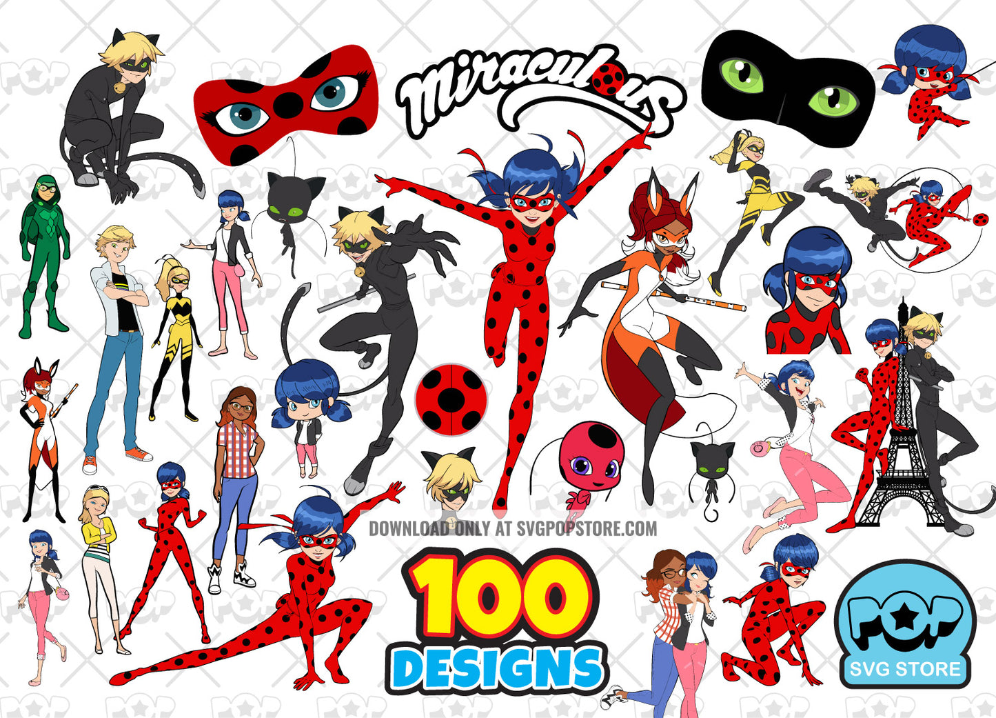 Miraculous Ladybug 100 cliparts bundle, Miraculous SVG cut files for Cricut / Silhouette, Ladybug PNG N1