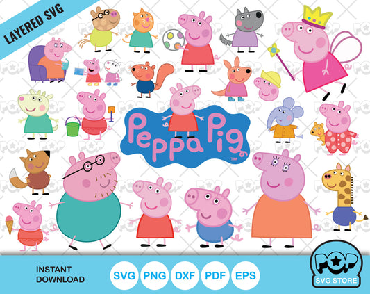 Peppa Pig clipart bundle, Cartoon Pig SVG cut files for Cricut / Silhouette, instant download
