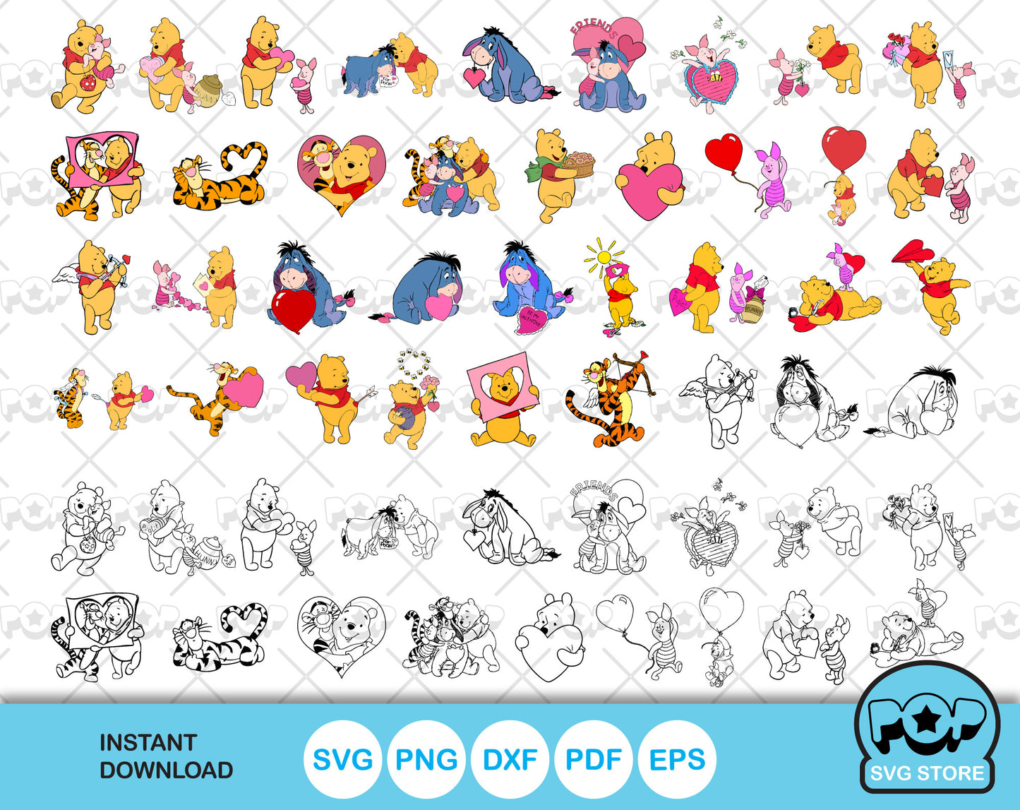 Pooh and Friends Valentine's Day 60 cliparts set, Valentines Day SVG cut files for Cricut / Silhouette, Winnie the Pooh svg, PNG, DXF