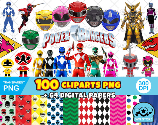 Power Rangers 100 cliparts bundle + digital papers, transparent PNG, designs for decoration / sublimation N2