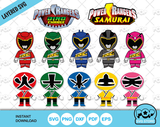 Chibi Power Rangers clipart - Samurai + Dino Charge Set, SVG cut files for Cricut / Silhouette, PNG, DXF, instant download