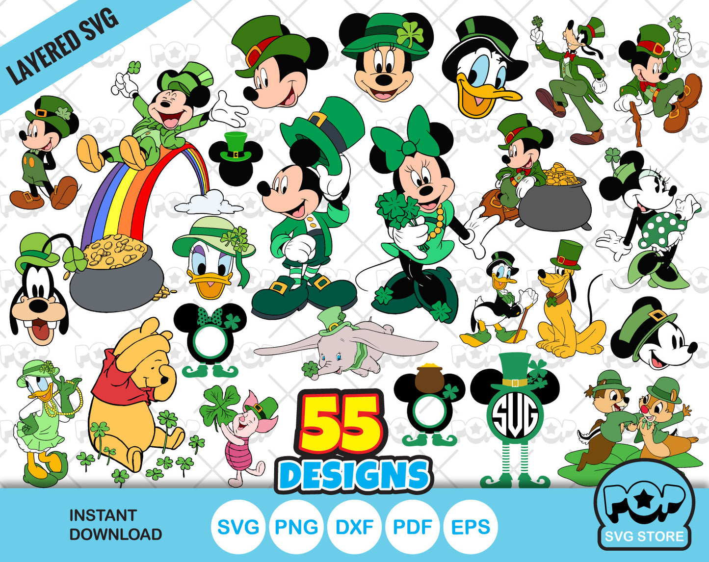 Disney Saint Patricks Day 55 cliparts bundle, Mickey St. Patrick's Day svg cut files for Cricut / Silhouette, png, dxf
