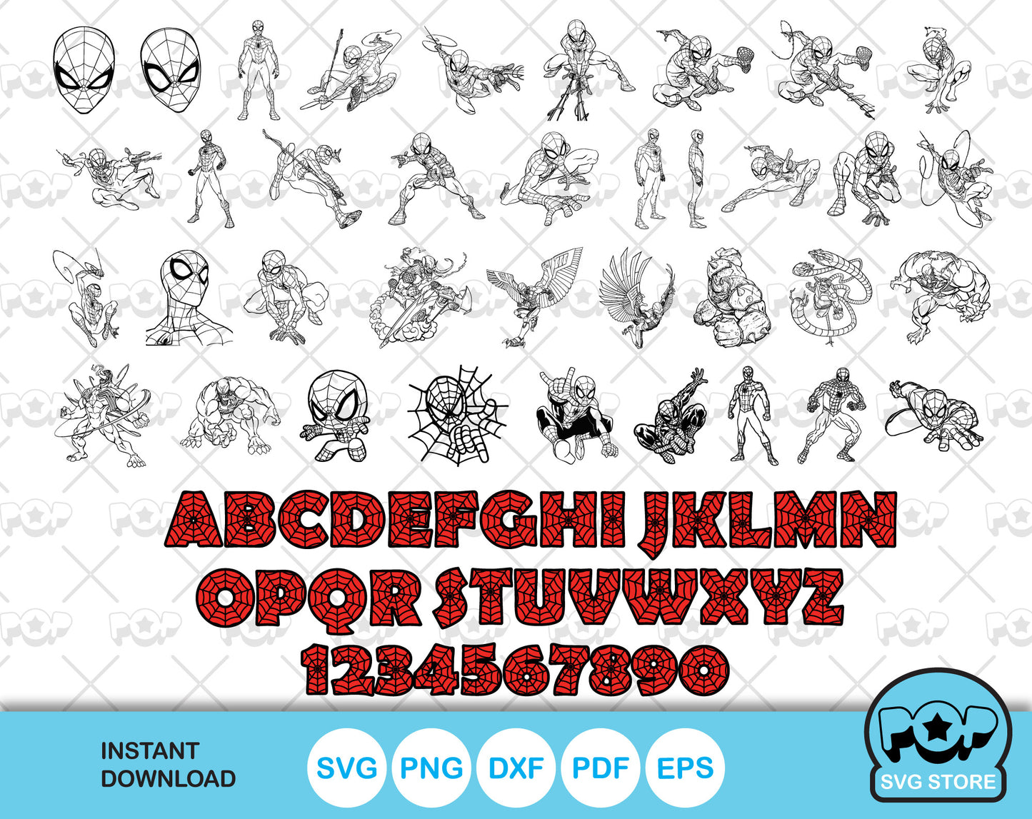 Spider-Man 100 cliparts bundle + alphabet, Spiderman SVG cut files for Cricut / Silhouette, PNG, DXF, instant download
