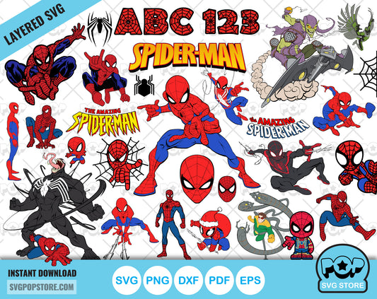 Spider-Man clipart bundle + alphabet, Spiderman SVG cut files for Cricut / Silhouette, Superhero Spider-man PNG