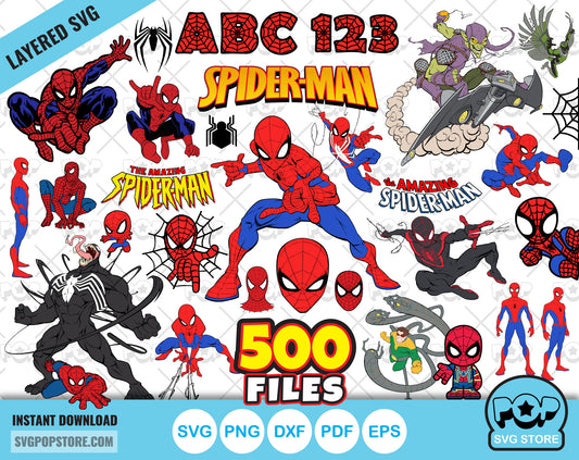 Spider-Man BIG BUNDLE 500 files + alphabet, Spiderman SVG cut files for Cricut / Silhouette, Superhero Spider-man PNG