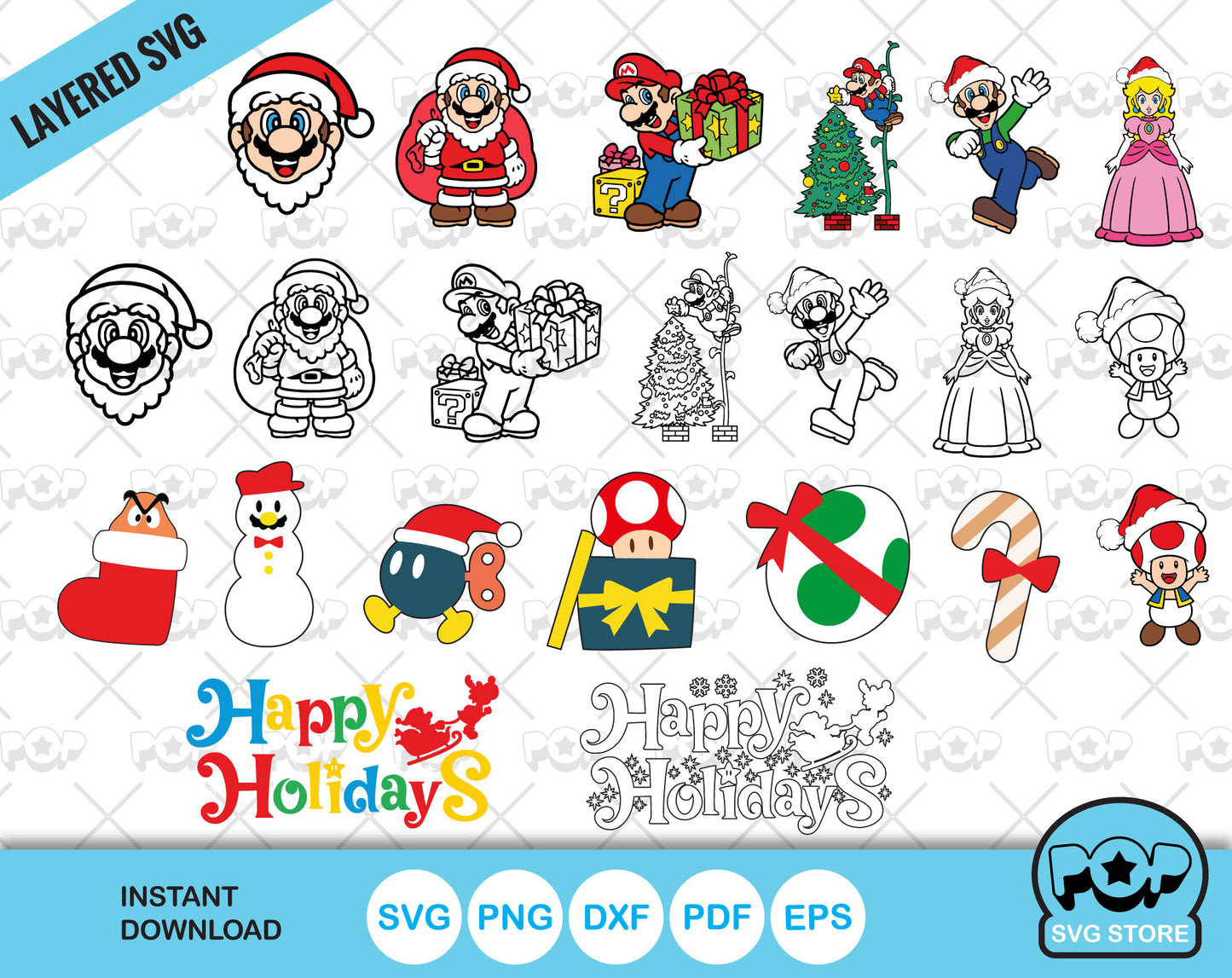 Super Mario Christmas clipart bundle, Mario Christmas SVG cut files for Cricut / Silhouette, PNG, DXF, instant download