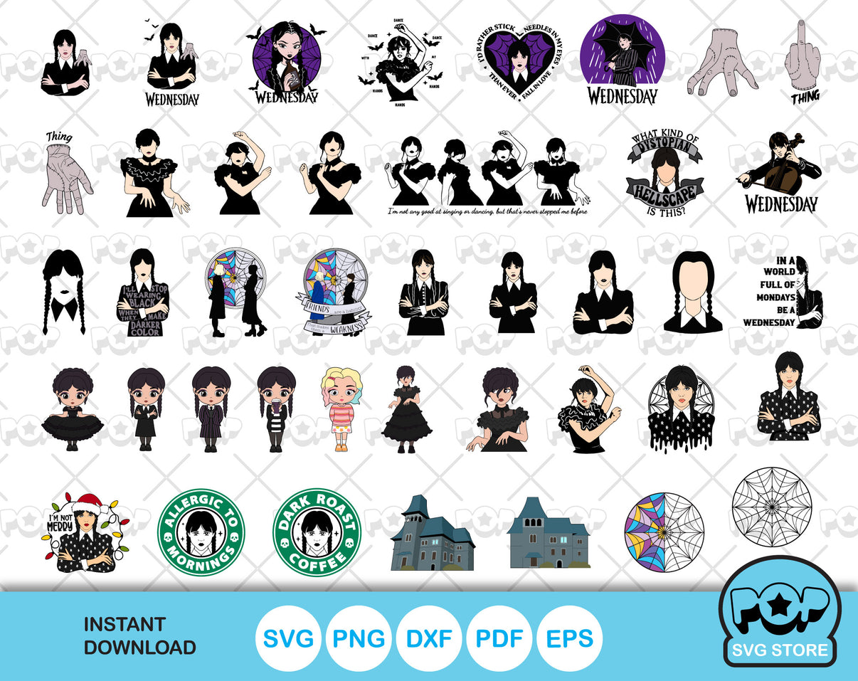 Wednesday Addams 100 cliparts set + alphabet, Wednesday svg cut files ...