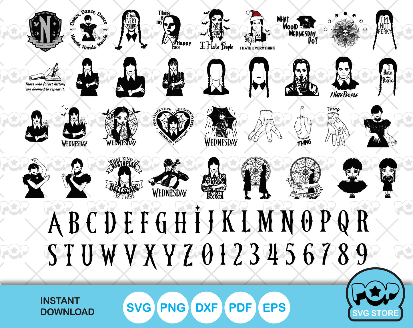 Wednesday Addams 100 cliparts set + alphabet, Wednesday svg cut files for Cricut / Silhouette, Wednesday png, dxf