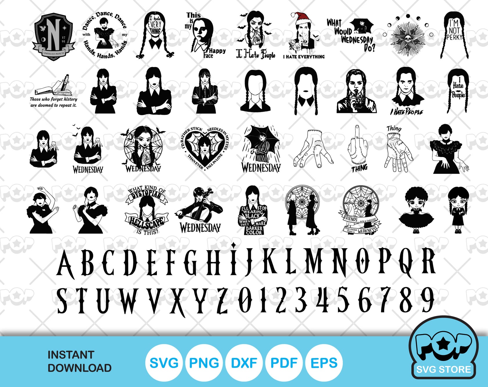 Wednesday Addams 100 cliparts set + alphabet, Wednesday svg cut files ...