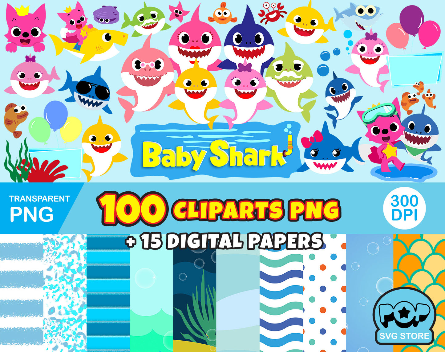 Baby Shark 100 cliparts bundle, transparent PNG, designs for decoration / sublimation, instant download