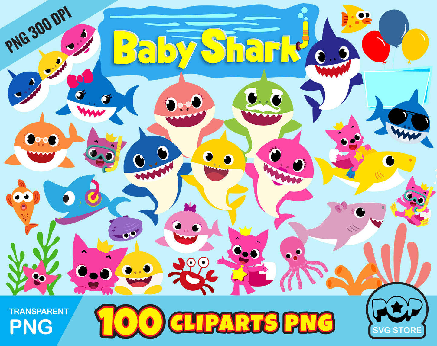 Baby Shark 100 cliparts set, transparent PNG, designs for decoration / sublimation, instant download