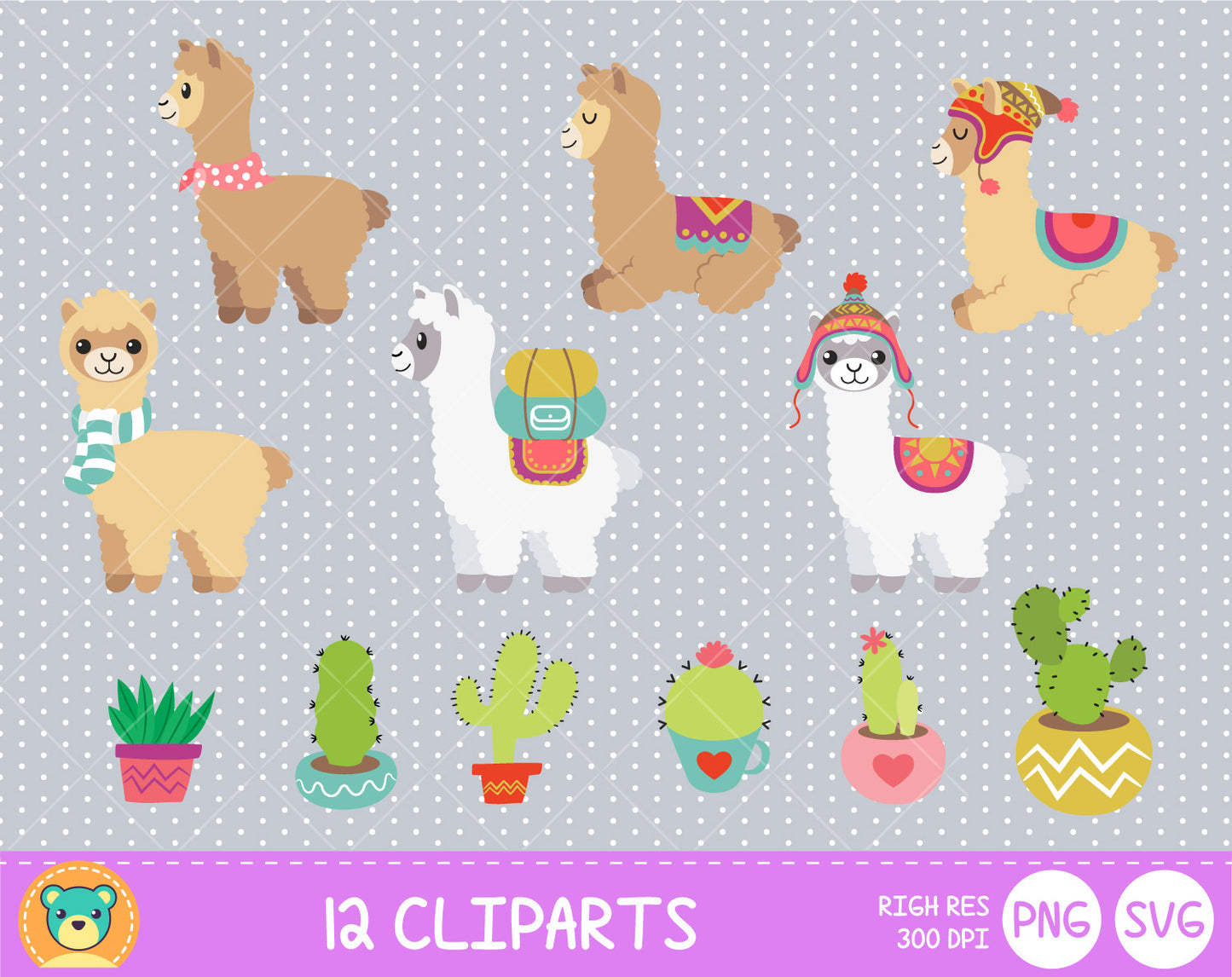 Alpaca and Cactus clipart set, Digital clip art for decoration, scrapbooking, PNG, SVG, instant download
