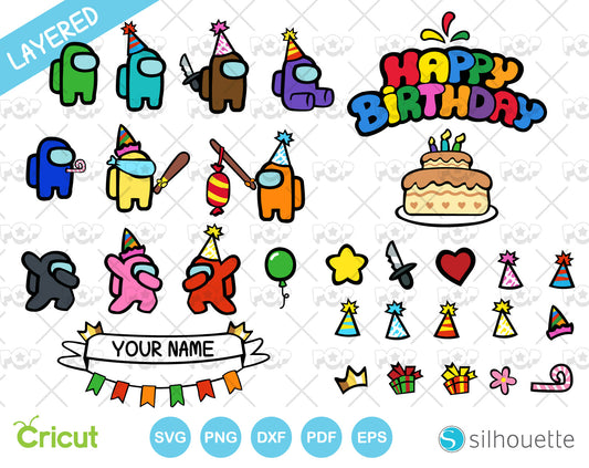 Among Us Birthday bundle, SVG cutting files for Cricut / Silhouette, SVG, PNG, DXF, instant download
