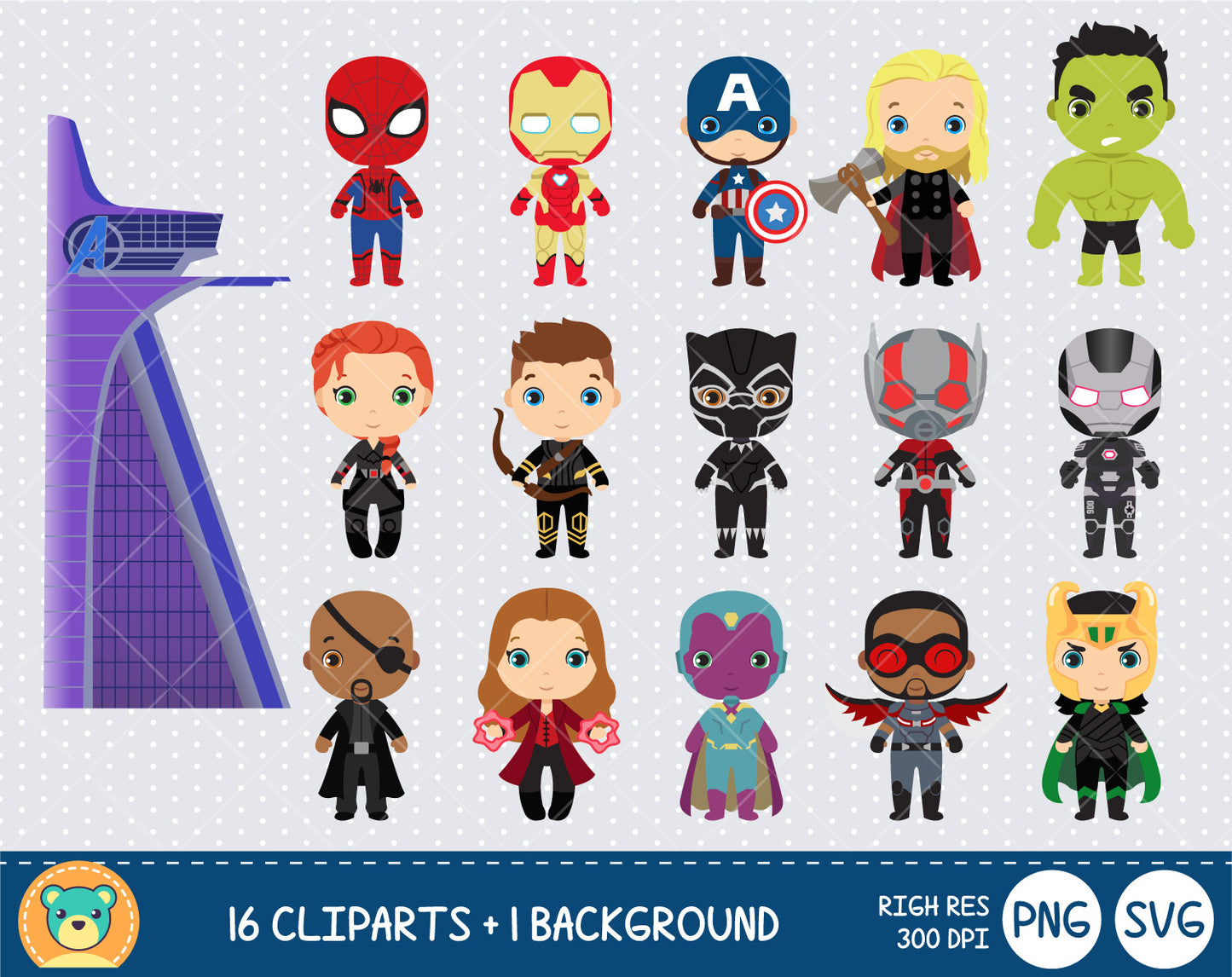 Cute Avengers clipart set, Superheroes clip art for decoration, scrapbooking, PNG, SVG, instant download