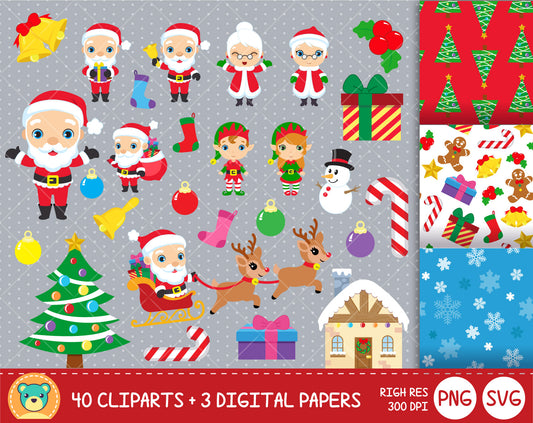 Cute Christmas clipart set, Digital clip art for decoration, scrapbooking, PNG, SVG, instant download