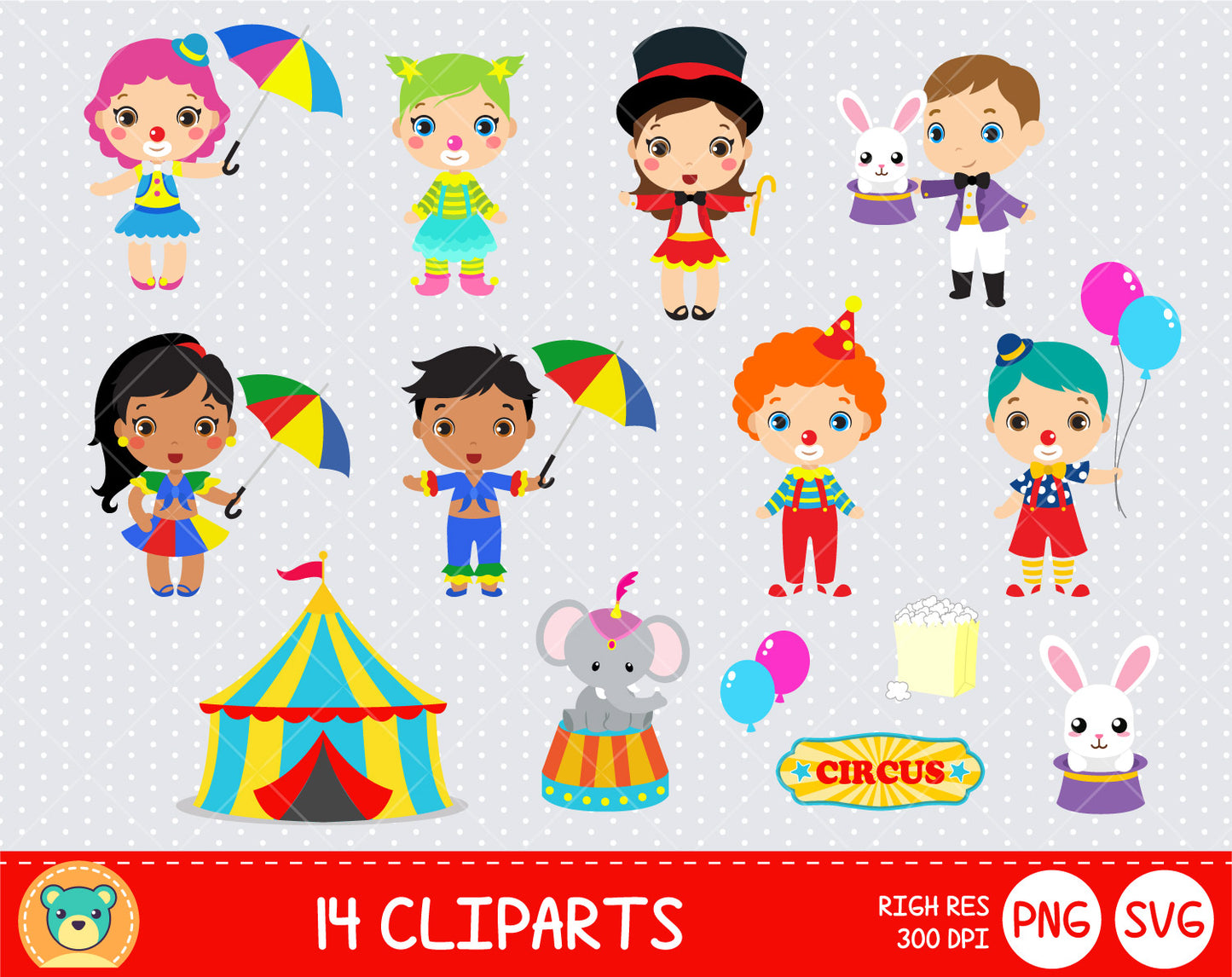Cute Circus clipart set, Digital clip art for decoration, scrapbooking, PNG, SVG, instant download