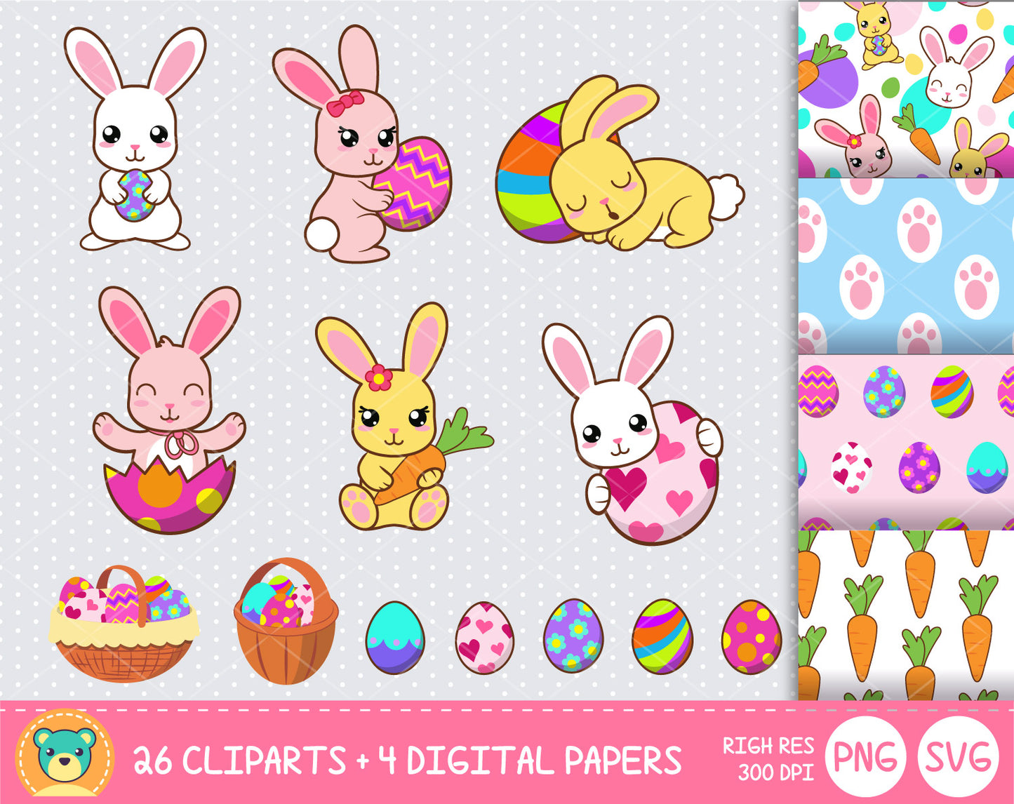Cute Easter Bunny clipart set, Digital clip art for decoration, scrapbooking, PNG, SVG, instant download