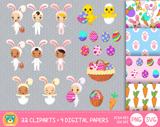 Cute Easter Kids clipart set, Digital clip art for decoration, scrapbooking, PNG, SVG, instant download