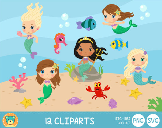 Cute Mermaids clipart set, Digital clip art for decoration, scrapbooking, PNG, SVG, instant download