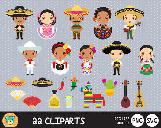 Cute Mexicans clipart set, Digital clip art for decoration, scrapbooking, PNG, SVG, instant download