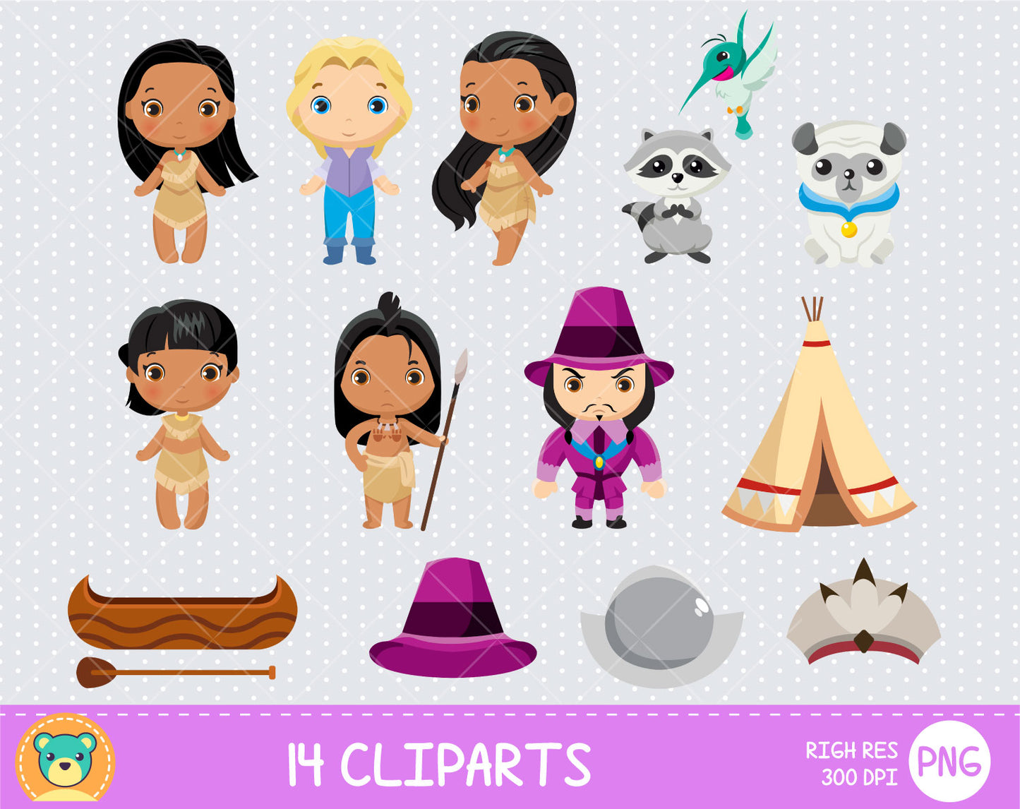 Cute Pocahontas clipart set, Disney Pocahontas clip art for decoration, scrapbooking, PNG 300 dpi, instant download