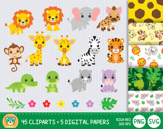 Cute Safari Animals clipart set, Digital clip art for decoration, scrapbooking, PNG, SVG, instant download