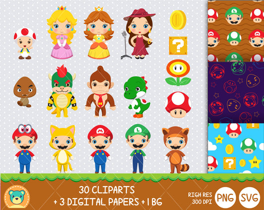 Cute Mario clipart set, Digital clip art for decoration, scrapbooking, PNG, SVG, instant download