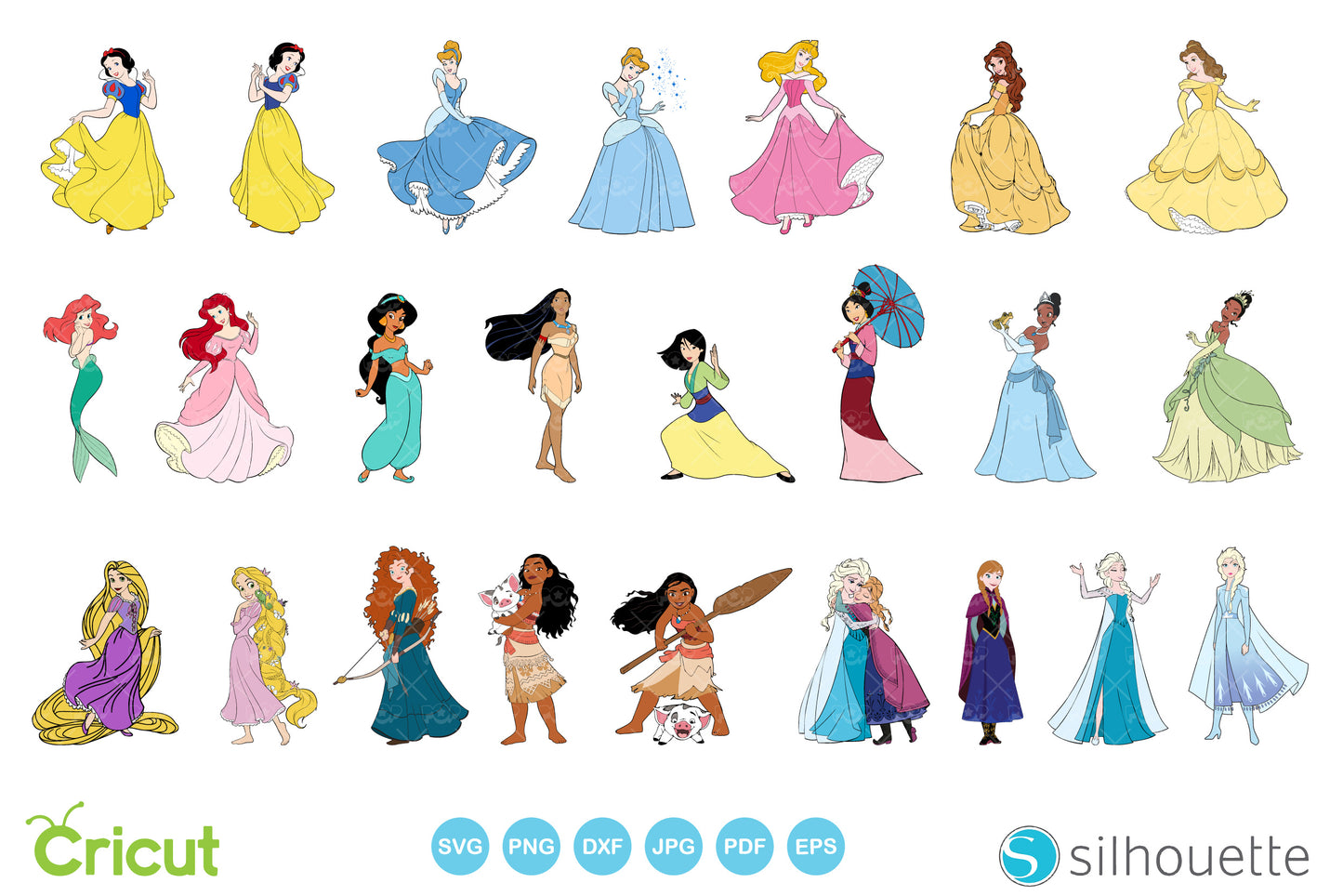 Disney Princesses clipart bundle, SVG cut files for Cricut / Silhouette, PNG, DXF, instant download