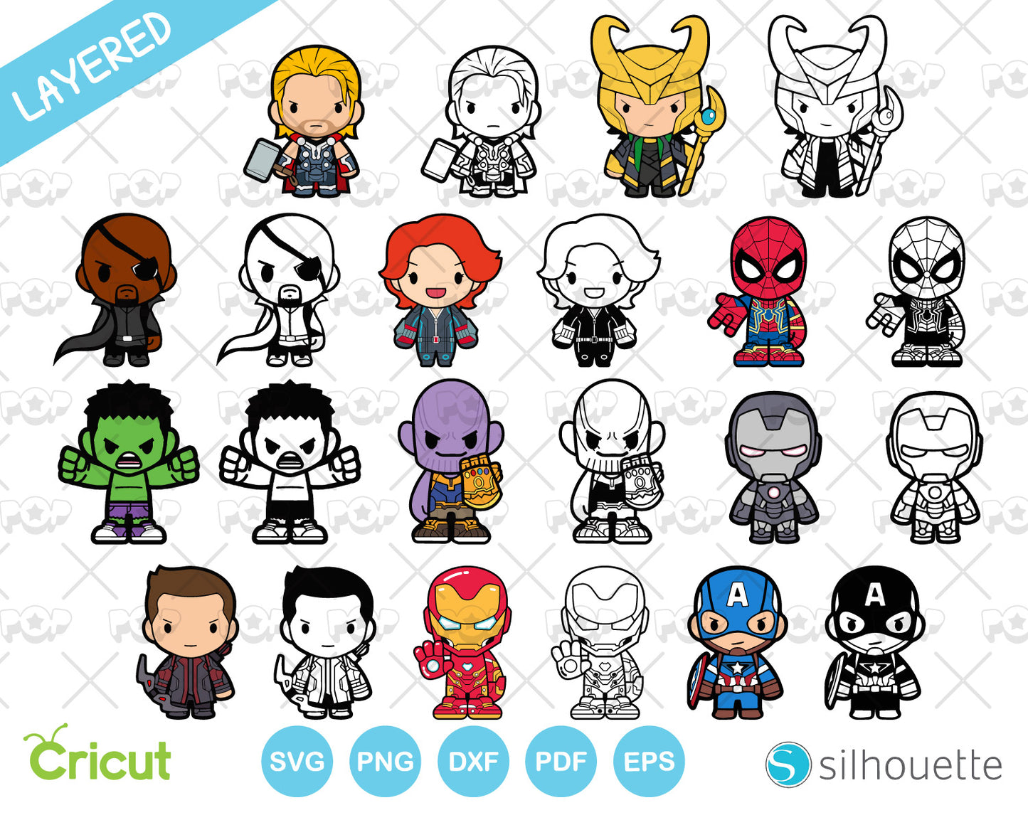 Chibi Avengers clipart set, Marvel SVG cut files for Cricut / Silhouette, PNG, DXF, instant download
