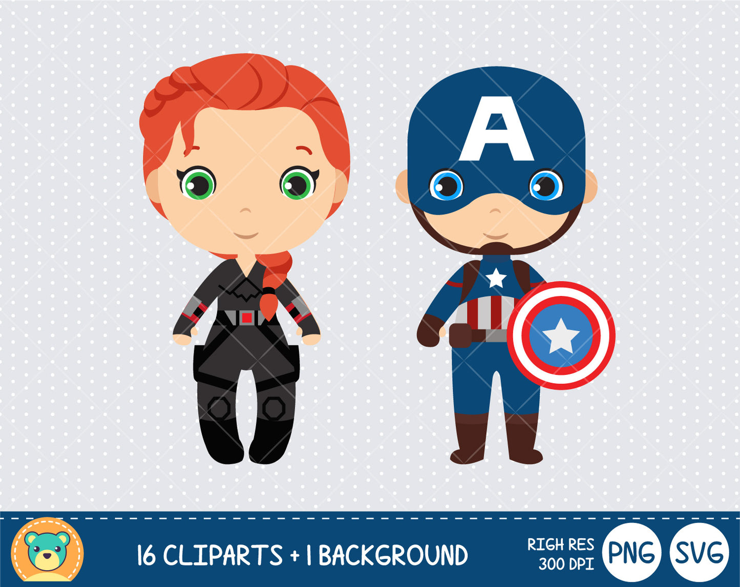 Cute Avengers clipart set, Superheroes clip art for decoration, scrapbooking, PNG, SVG, instant download