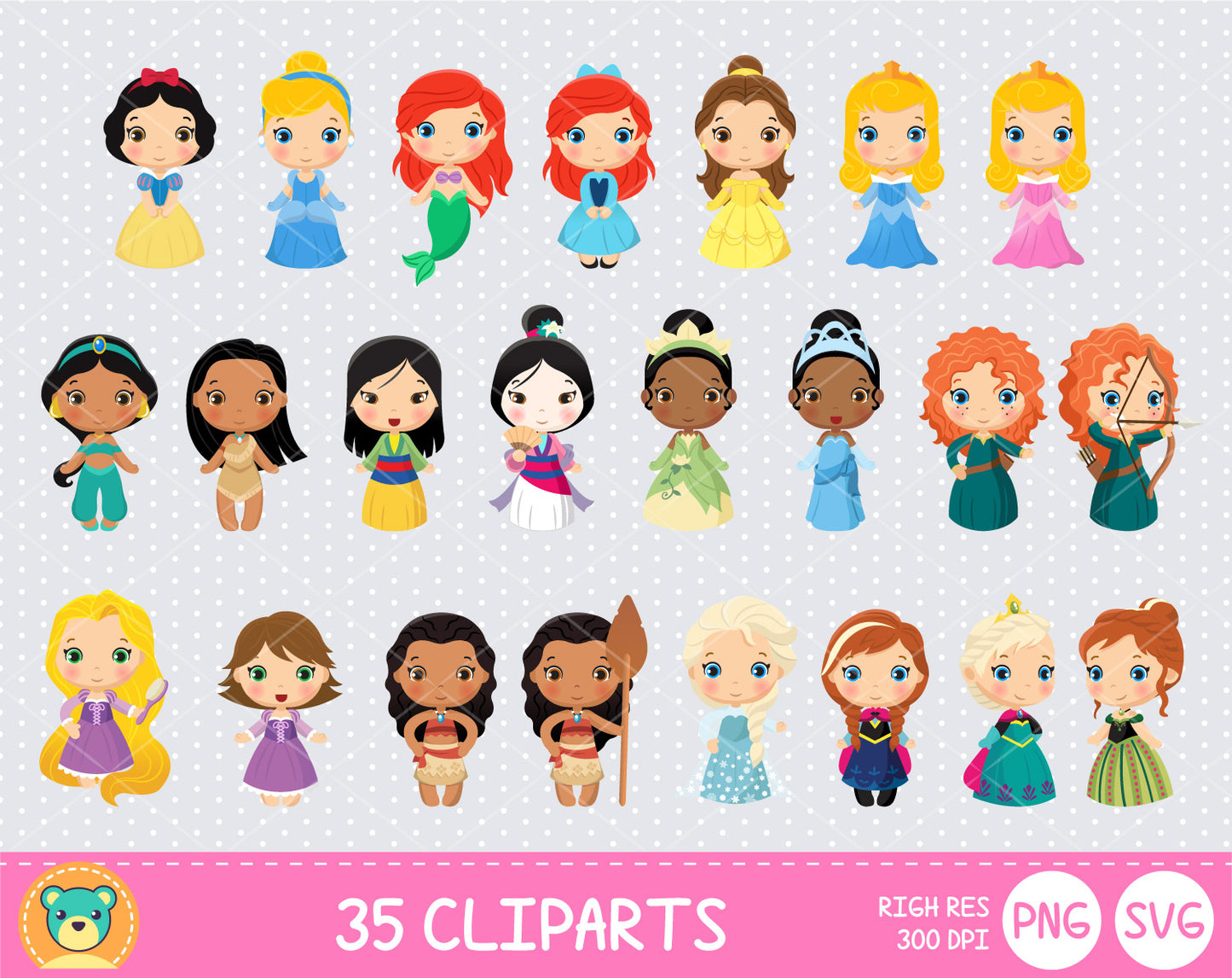 Cute Princess clipart set, Disney Princess clip art for decoration, scrapbooking, instant download